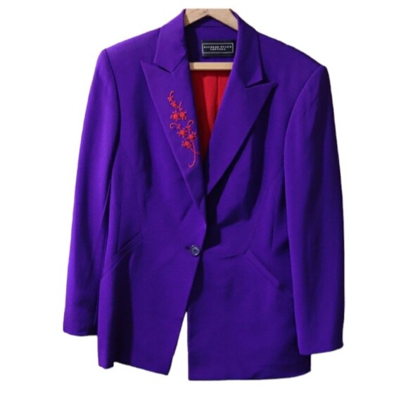 Richard Tyler Couture Vintage Purple & Red Embroidered Silk Blazer 12 - Picture 1 of 15